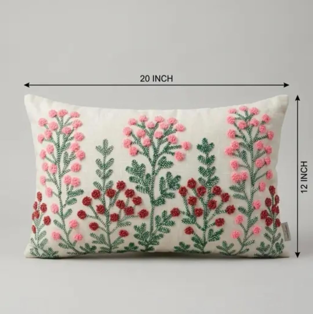 Floral Embroidered Throw Pillow Cover, Cream with Pink and Red Botanical Design, Decorative Cushion Cover