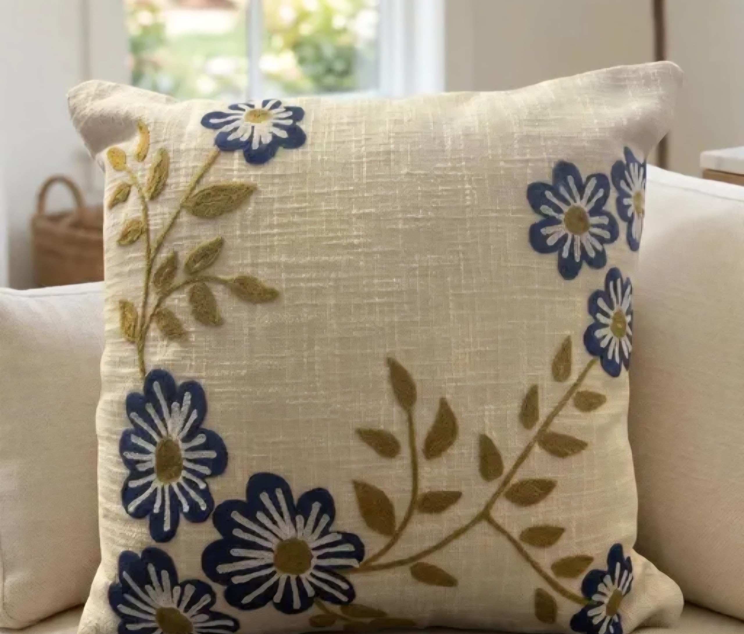 Floral Hand Embroidered Throw Pillow Cover, Beige Linen, Blue Flowers with Vine Detail, Decorative Square Cushion
