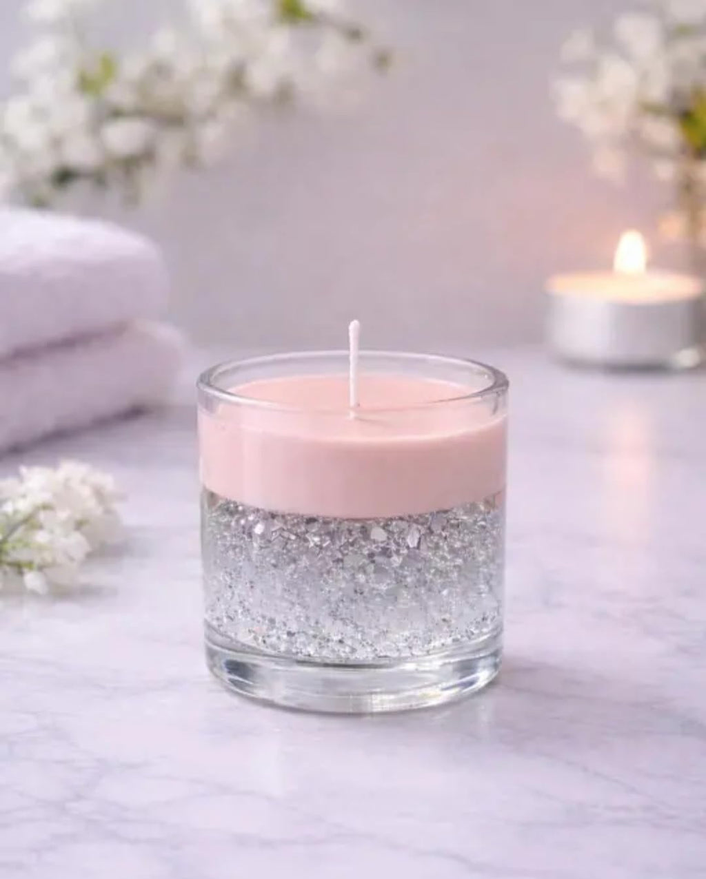 Pink Wax Candle in Clear Glass Jar with Silver Crystal Rocks, Elegant Home Decor