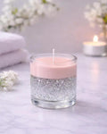 Pink Wax Candle in Clear Glass Jar with Silver Crystal Rocks, Elegant Home Decor