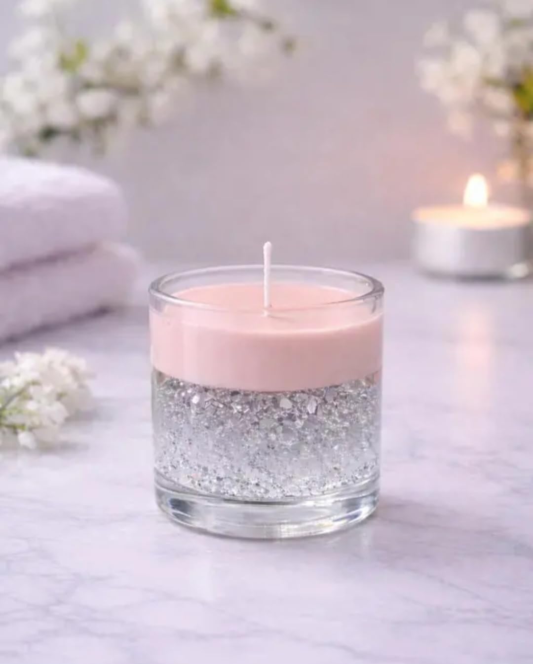 Pink Wax Candle in Clear Glass Jar with Silver Crystal Rocks, Elegant Home Decor