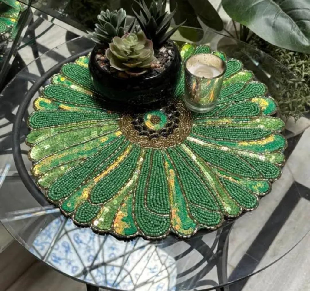 Beaded Flower Placemat, Green, Round, Sequin Embellished, Floral Design, Table Decor