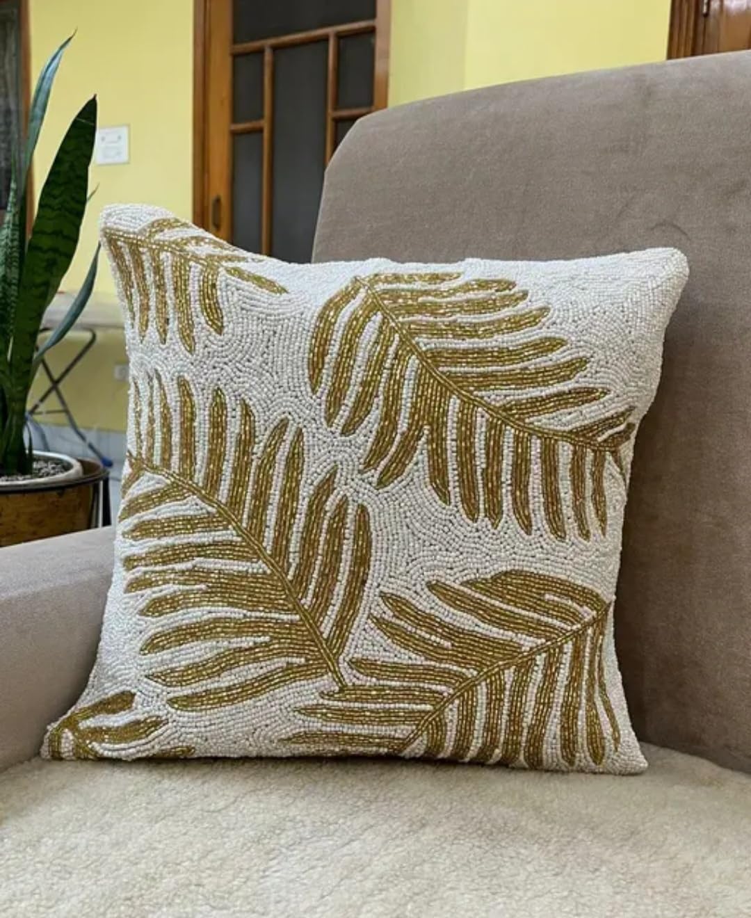 Beaded Throw Pillow Cover, White and Gold, Tropical Palm Leaf Design, Decorative Cushion Cover