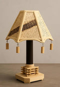 Bamboo Table Lamp with Woven Rattan Shade, Asian Style, Wooden Decorative Tassels, Dark Brown Base