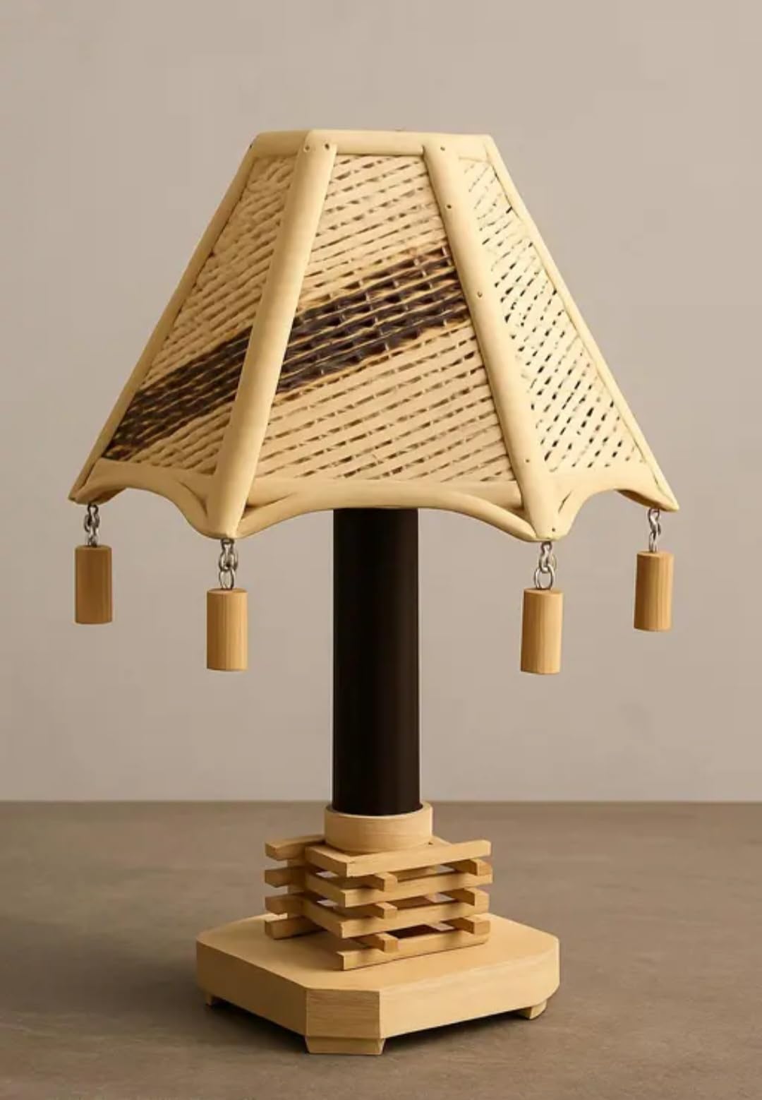 Bamboo Table Lamp with Woven Rattan Shade, Asian Style, Wooden Decorative Tassels, Dark Brown Base