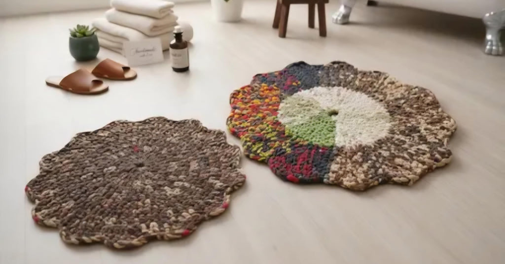 Handwoven Round Bath Mat Set, Multicolor, Boho Style, Crochet Flower Shape, Bathroom Rug