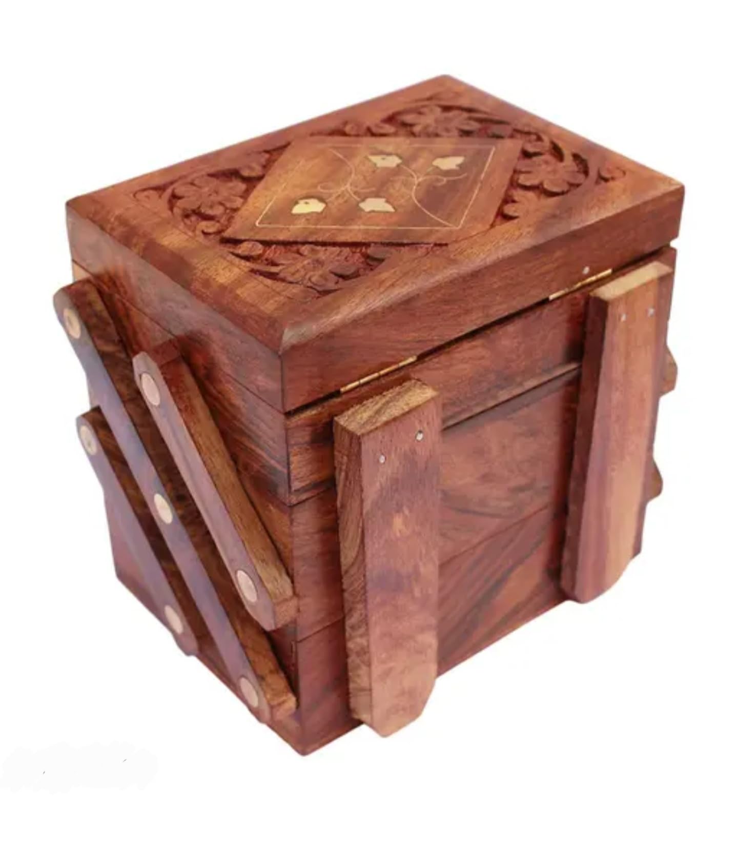 Vintage Wooden Jewelry Box with Red Velvet Lining, Multi-Tier Storage Organizer, Brown, Expandable Design, 3 Compartments