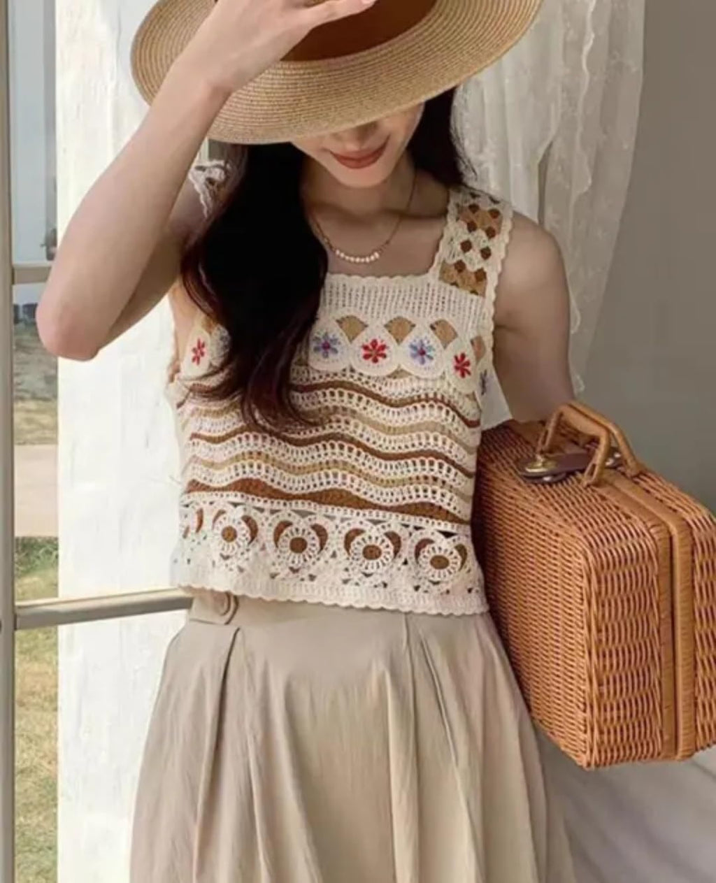 Women's Crochet Crop Top, Boho Floral Design, Granny Square Knit, Cream and Brown, Handmade