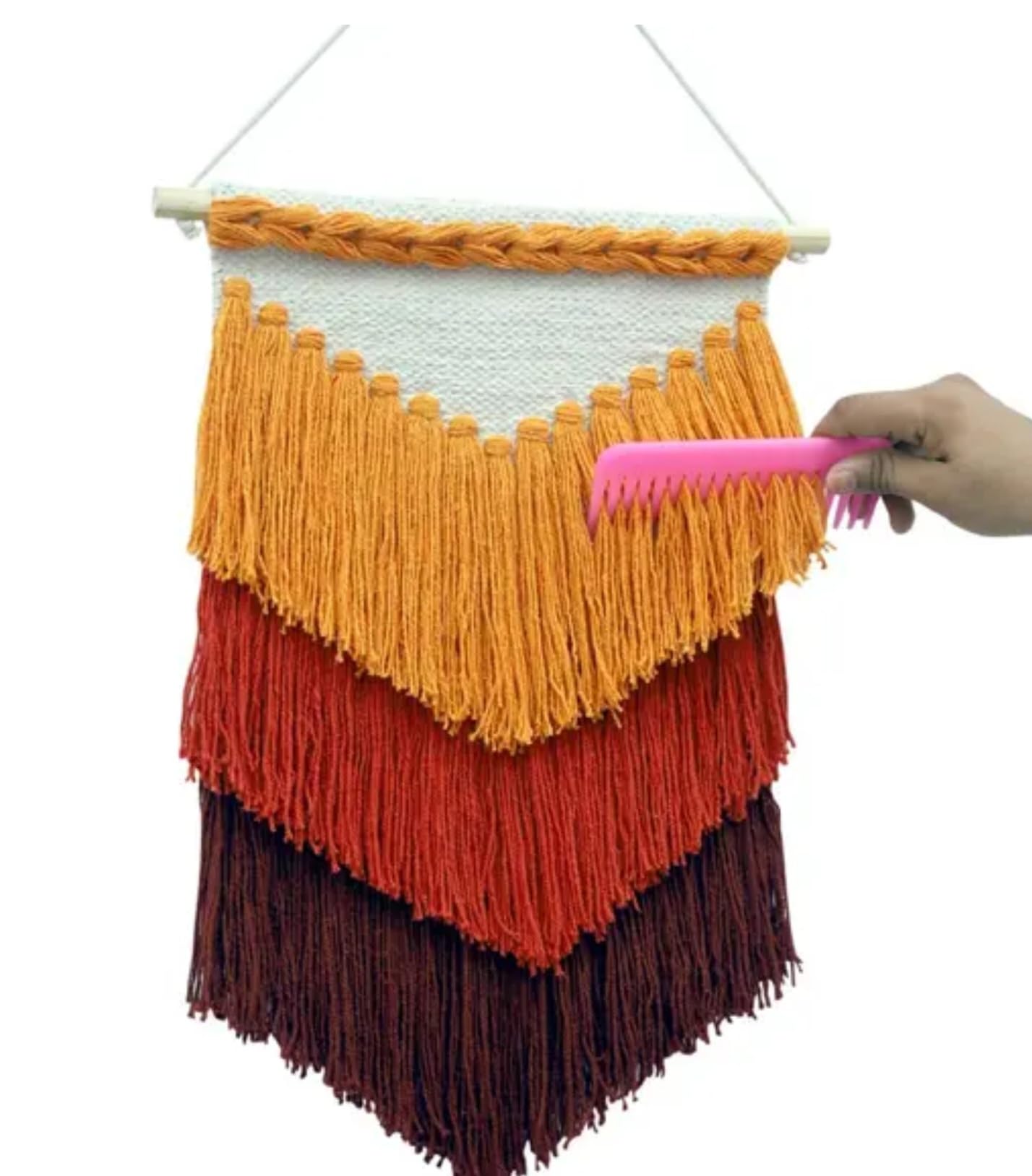 Boho Macrame Wall Hanging, Handwoven Tapestry with Orange, Red and Brown Chevron Design