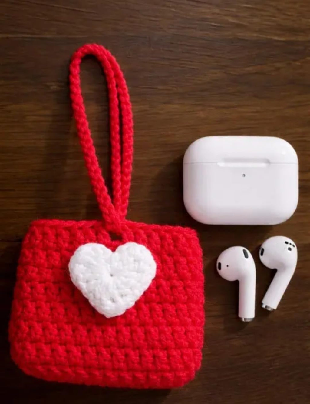 Handmade Crochet AirrPods Case Compatible with AirPods Pro, Red with White Heart, Wrist Strap