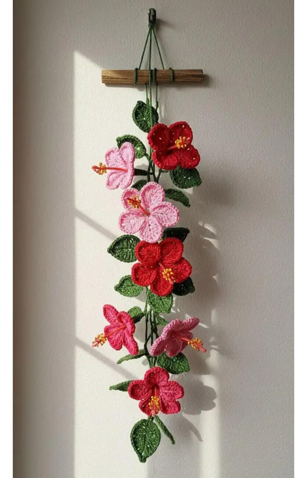 Crochet Hibiscus Flower Wall Hanging, Red and Pink, Handmade Floral Decor with Wooden Rod