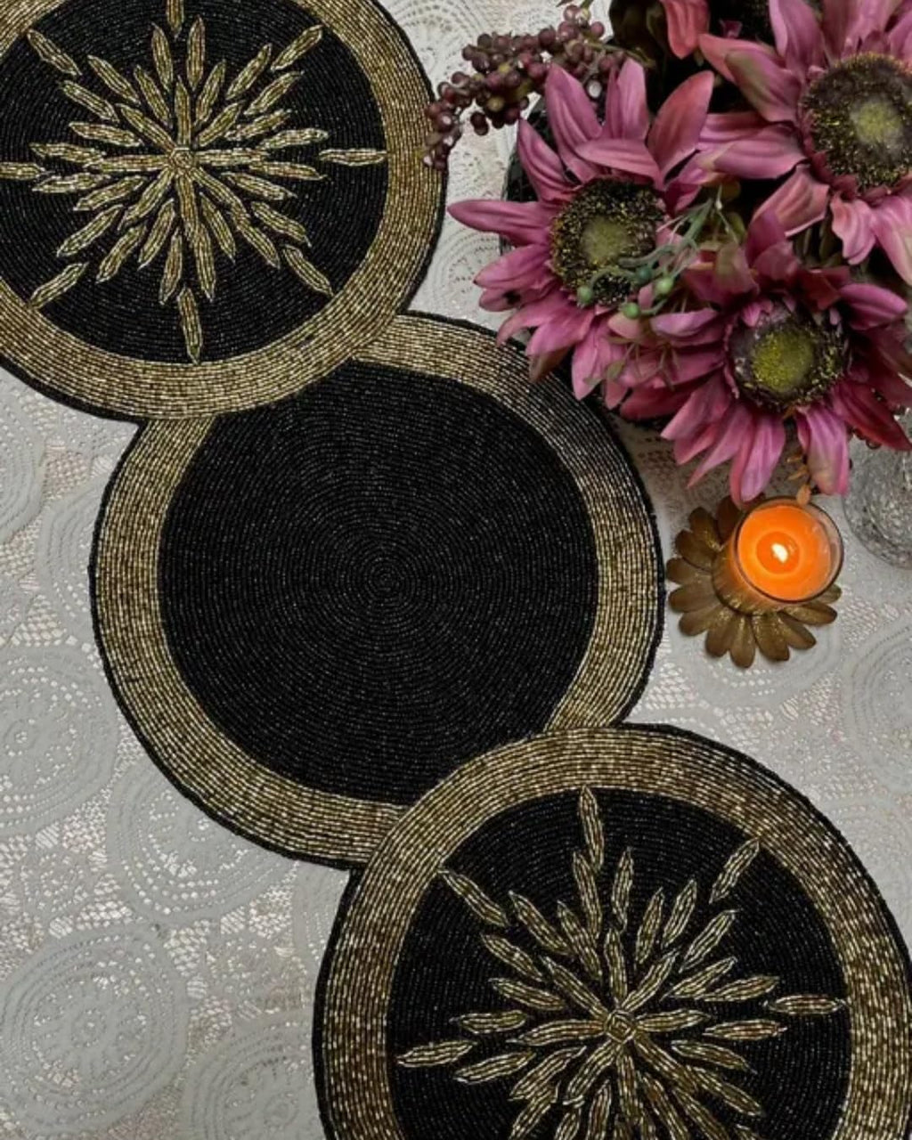Beaded Placemats Set, Black and Gold, Floral Design, Round Shape, Table Decor