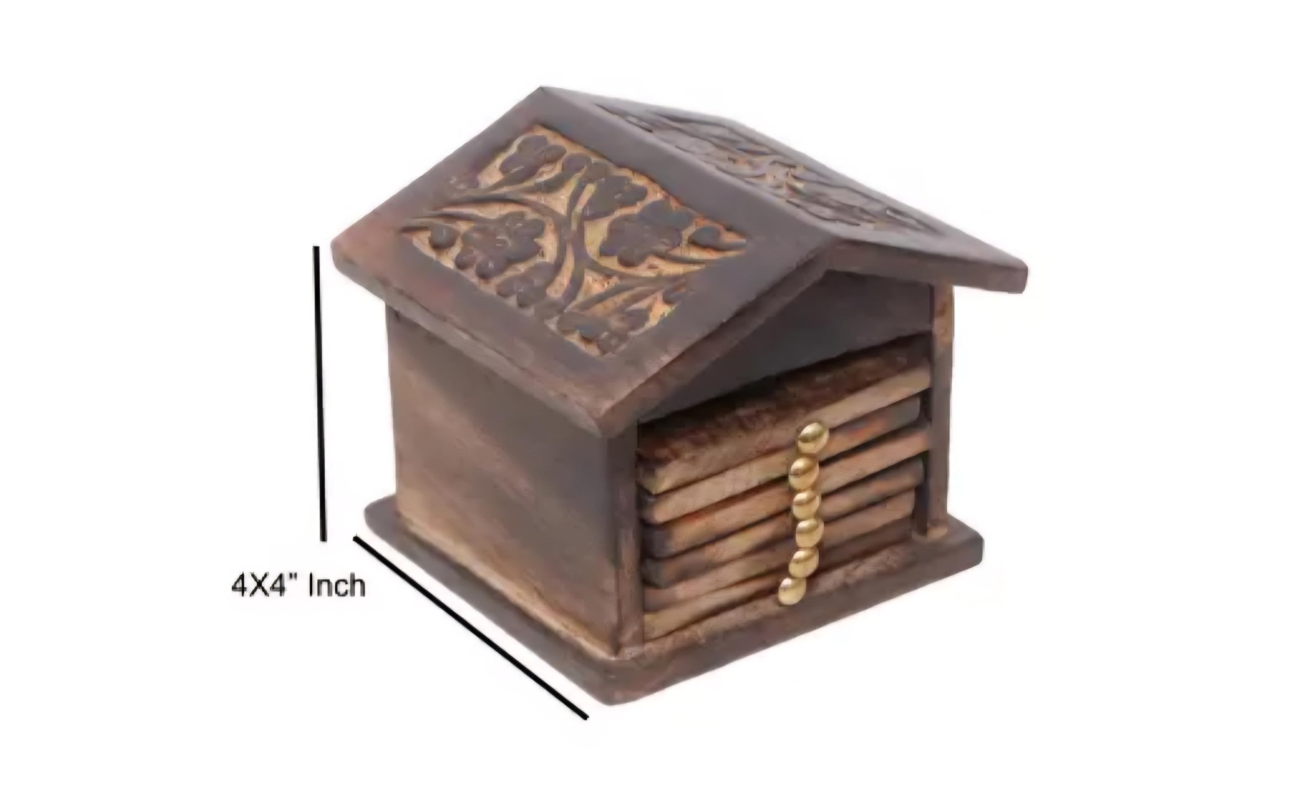 Wooden Coaster Set with House-Shaped Holder, Brown, Carved Floral Design, 6 Piece