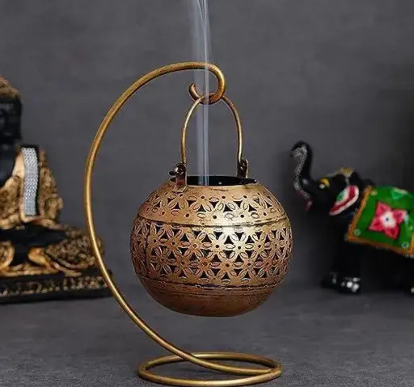 Decorative Hanging Lantern with Metal Stand, Floral Pattern, Antique Gold Finish