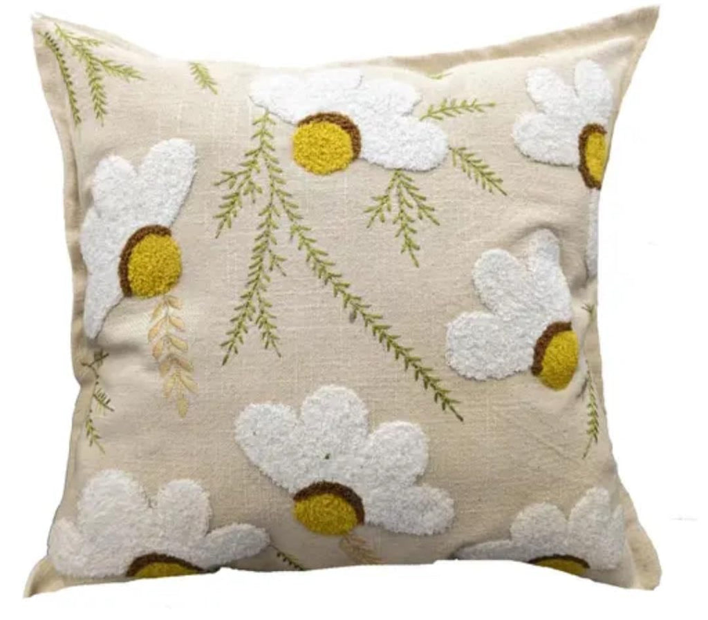 Daisy Floral Embroidered Throw Pillow Cover, Beige, Tufted White Flowers with Yellow Centers, Boho Floral Decor