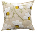 Daisy Floral Embroidered Throw Pillow Cover, Beige, Tufted White Flowers with Yellow Centers, Boho Floral Decor