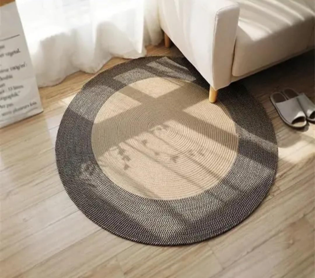 Round Braided Area Rug, Beige and Gray, Woven Circle Carpet for Bedroom Living Room