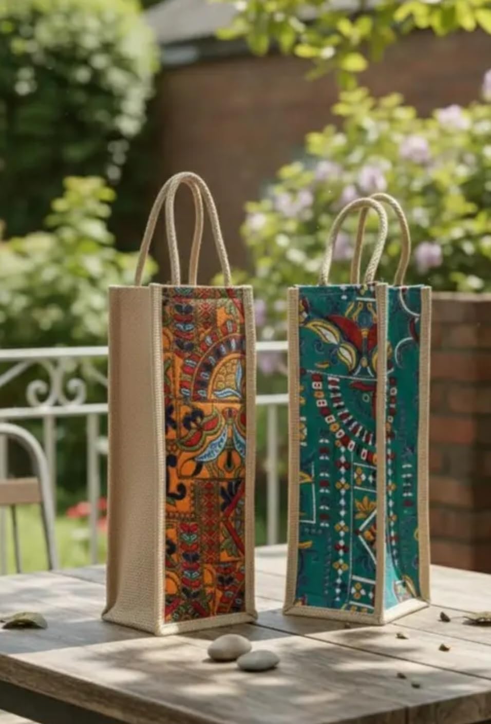 Jute Tote Bag with Traditional Indian Print, Reusable Carry Bag, Set of 2
