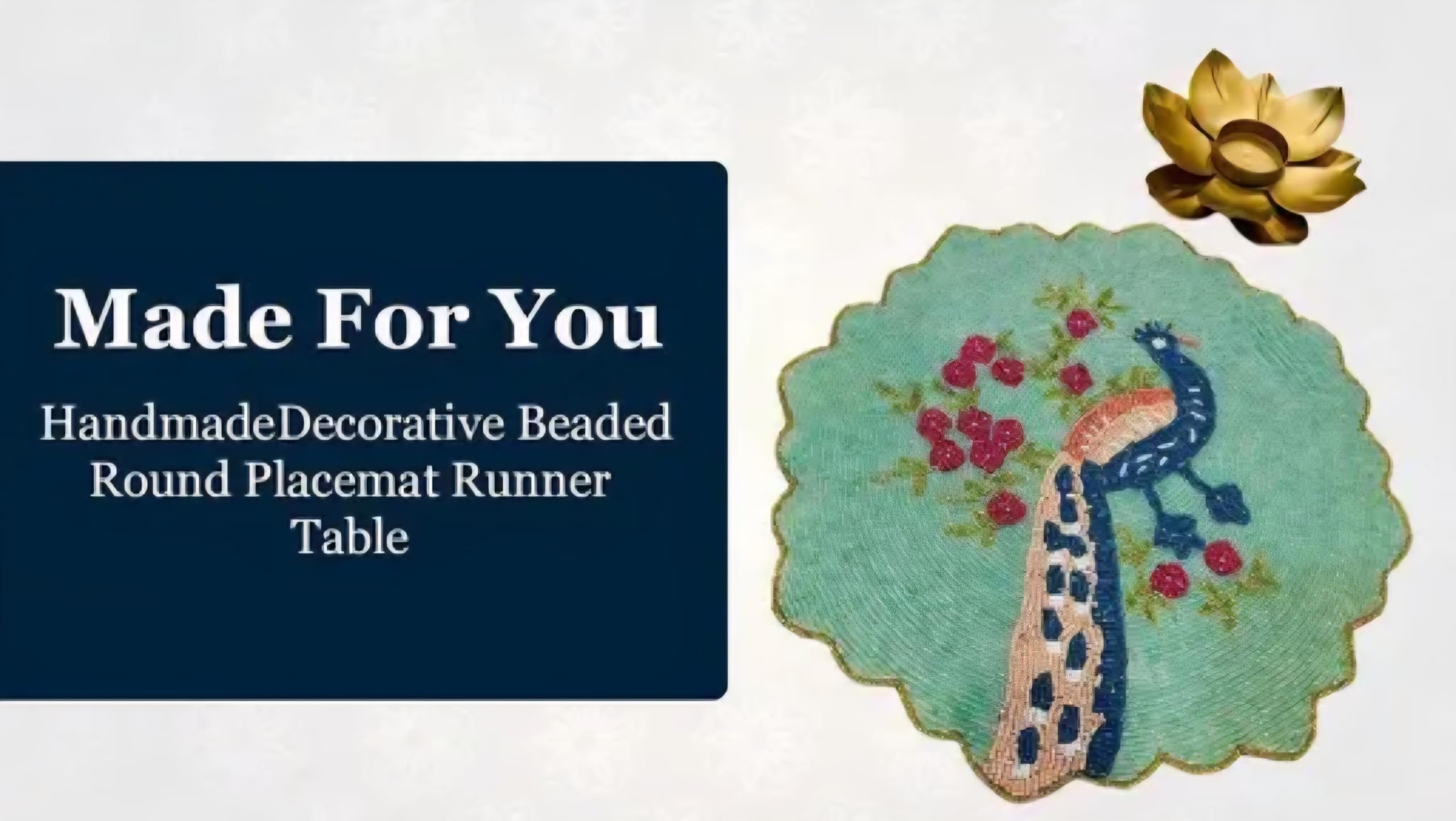 Beaded Placemat with Peacock Design, Green, Round Scalloped Edge, Floral Table Decor