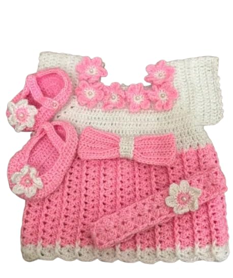 Handmade Crochet Baby Girl Dress Set, Pink and White, with Booties, Floral Bow Detail