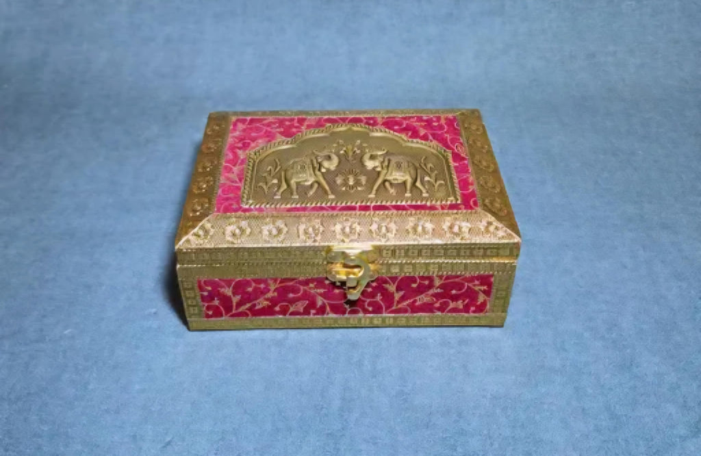 Decorative Jewelry Box, Red and Gold, Embossed Metal Design, Rectangular Storage with Clasp