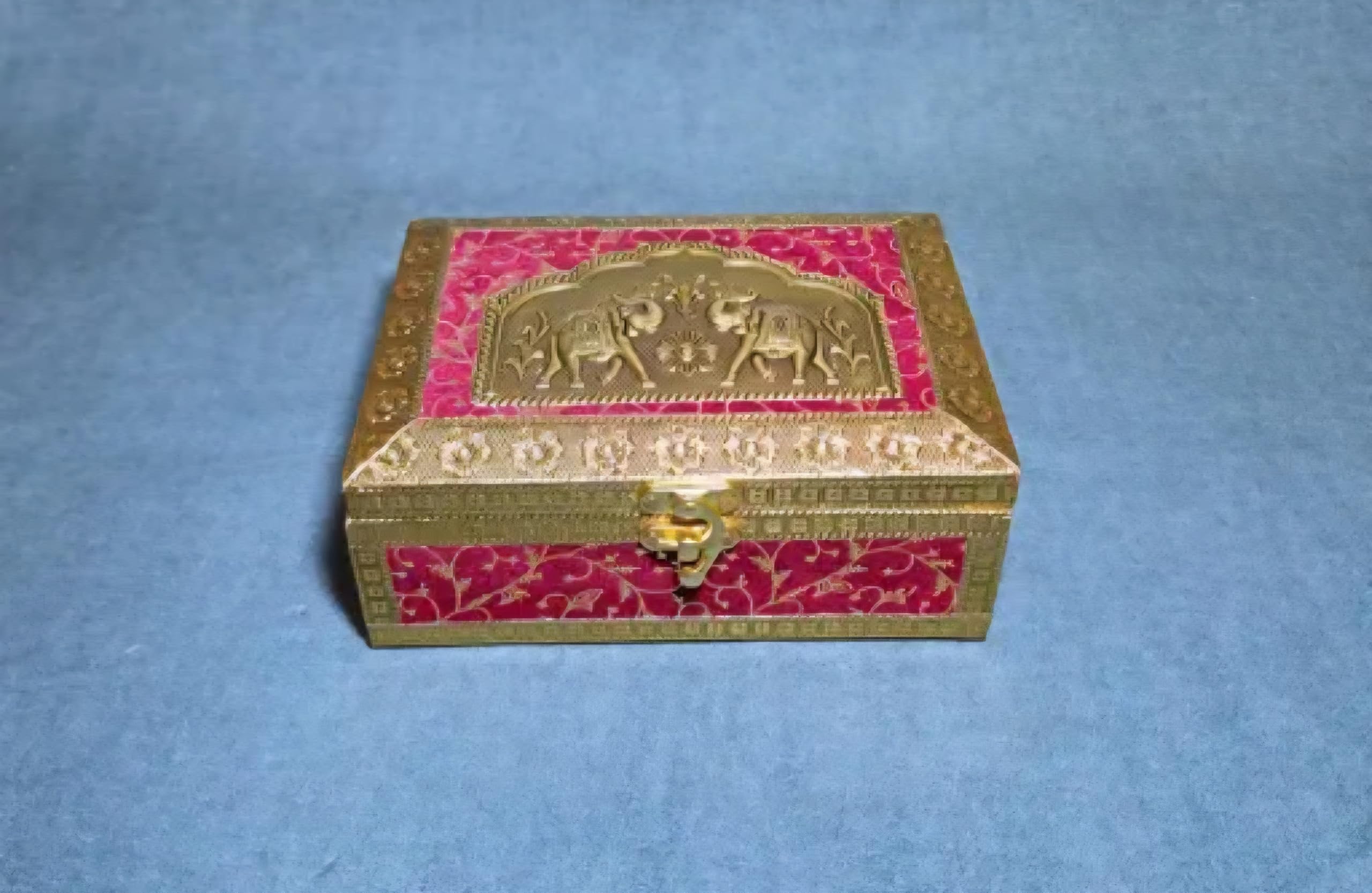 Decorative Jewelry Box, Red and Gold, Embossed Metal Design, Rectangular Storage with Clasp