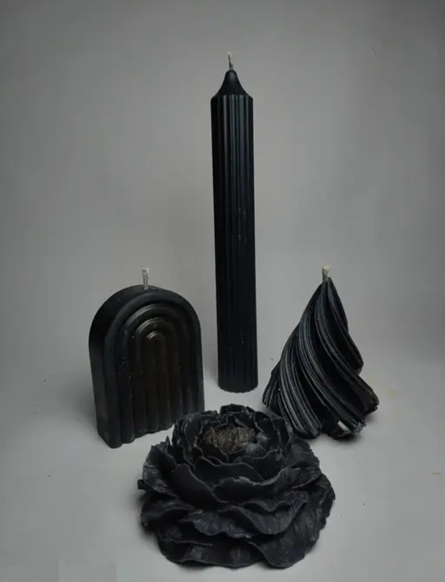 Gothic Black Taper Candle Set with Decorative Rose, Halloween Home Decor, 4 Piece