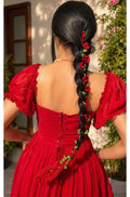 Crochet Floral Braid Hair Extension, Red Roses with Green Leaves, Boho Style, Tassel End