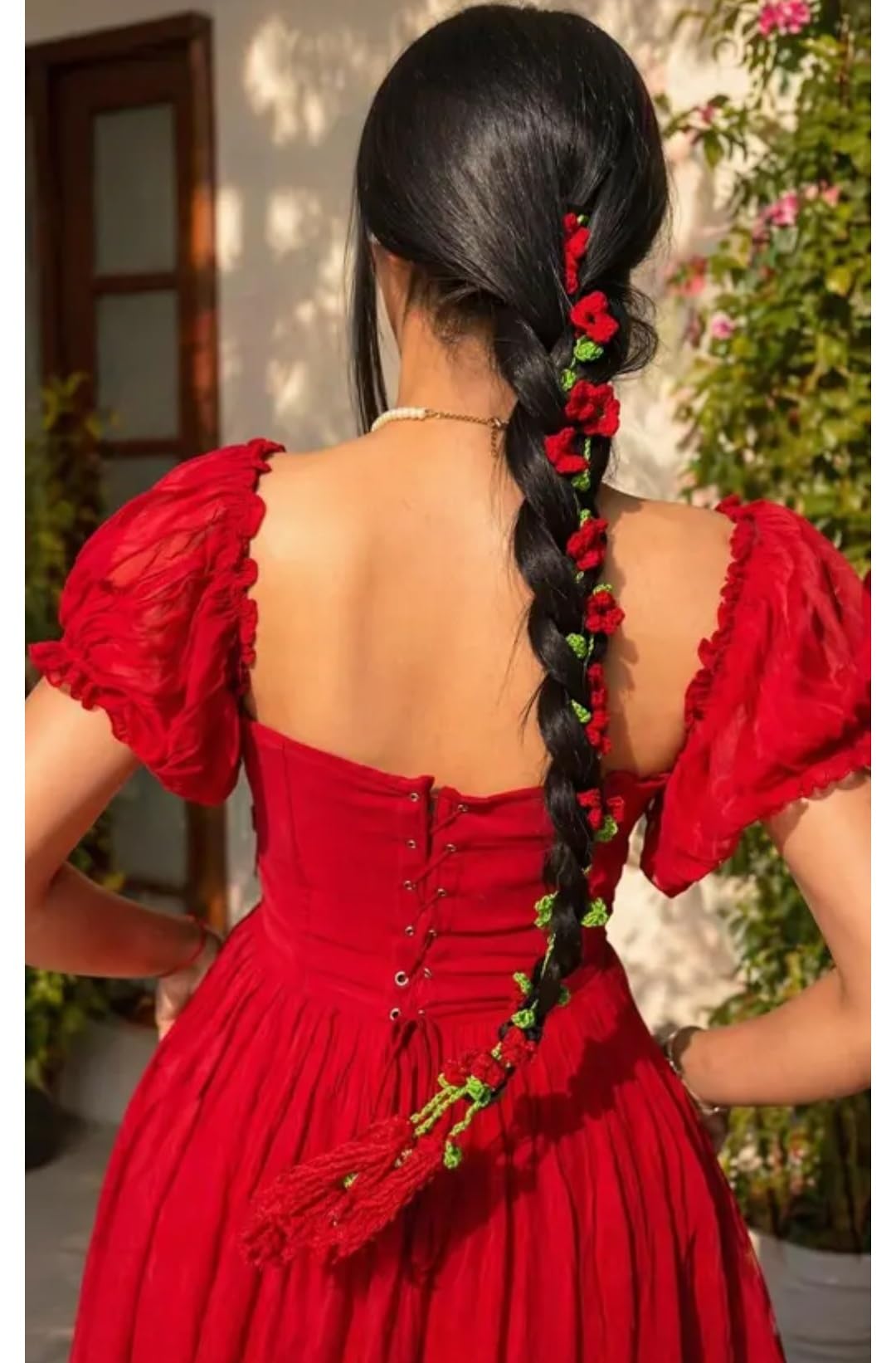 Crochet Floral Braid Hair Extension, Red Roses with Green Leaves, Boho Style, Tassel End