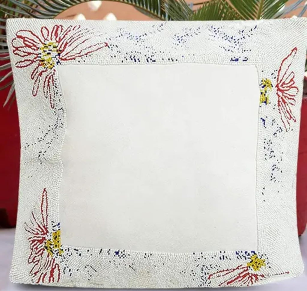 Beaded Throw Pillow Cover, White with Floral Embroidery, Square Decorative Cushion Cover