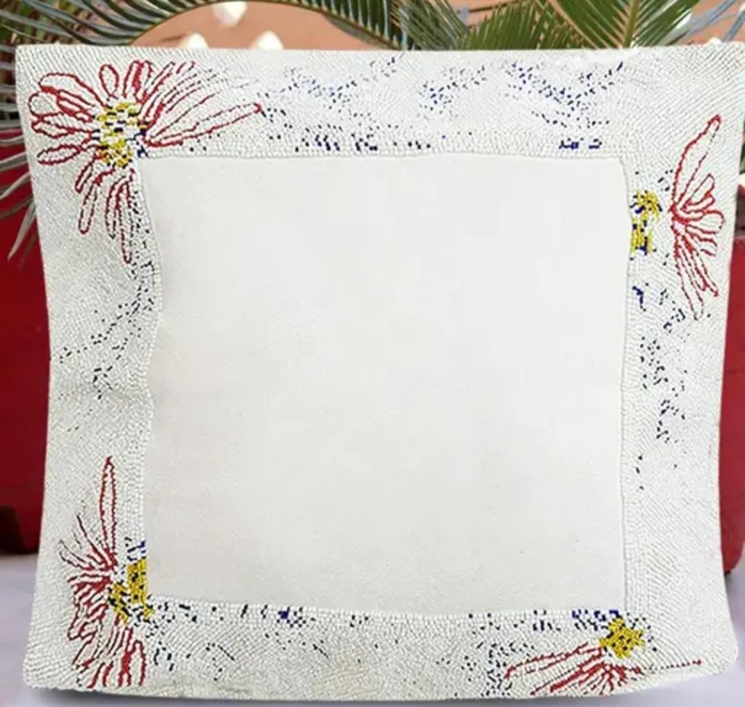 Beaded Throw Pillow Cover, White with Floral Embroidery, Square Decorative Cushion Cover