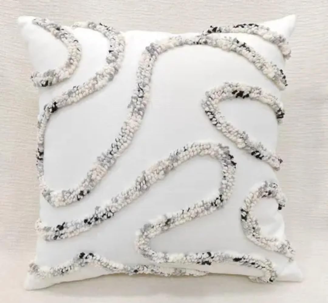 Handmade Decorative Throw Pillow Cover, White with Tufted Abstract Wavy Pattern, Boho Style