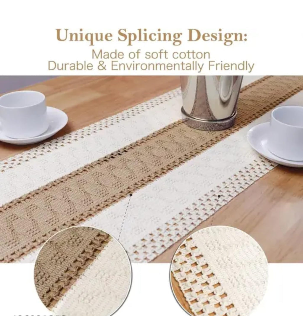 Farmhouse Table Runner with Fringe, Woven Cotton Blend, White and Natural Stripe Pattern, Decorative Dining Table Linens