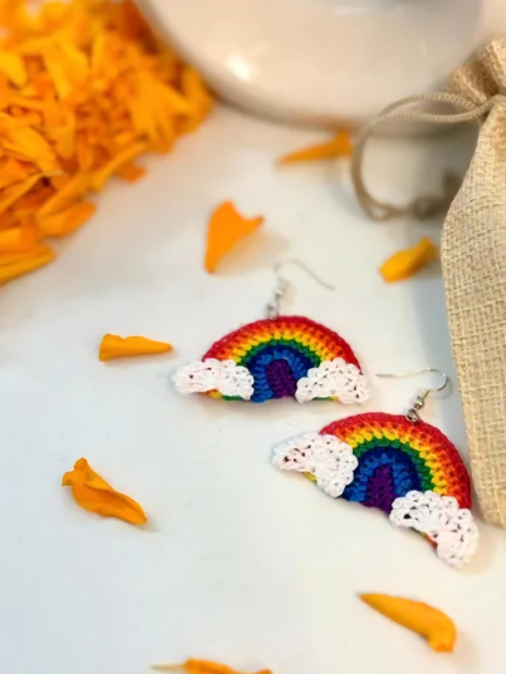 Handmade Rainbow Earrings with Clouds, Colorful Crochet Dangle Earrings, LGBTQ Pride Jewelry