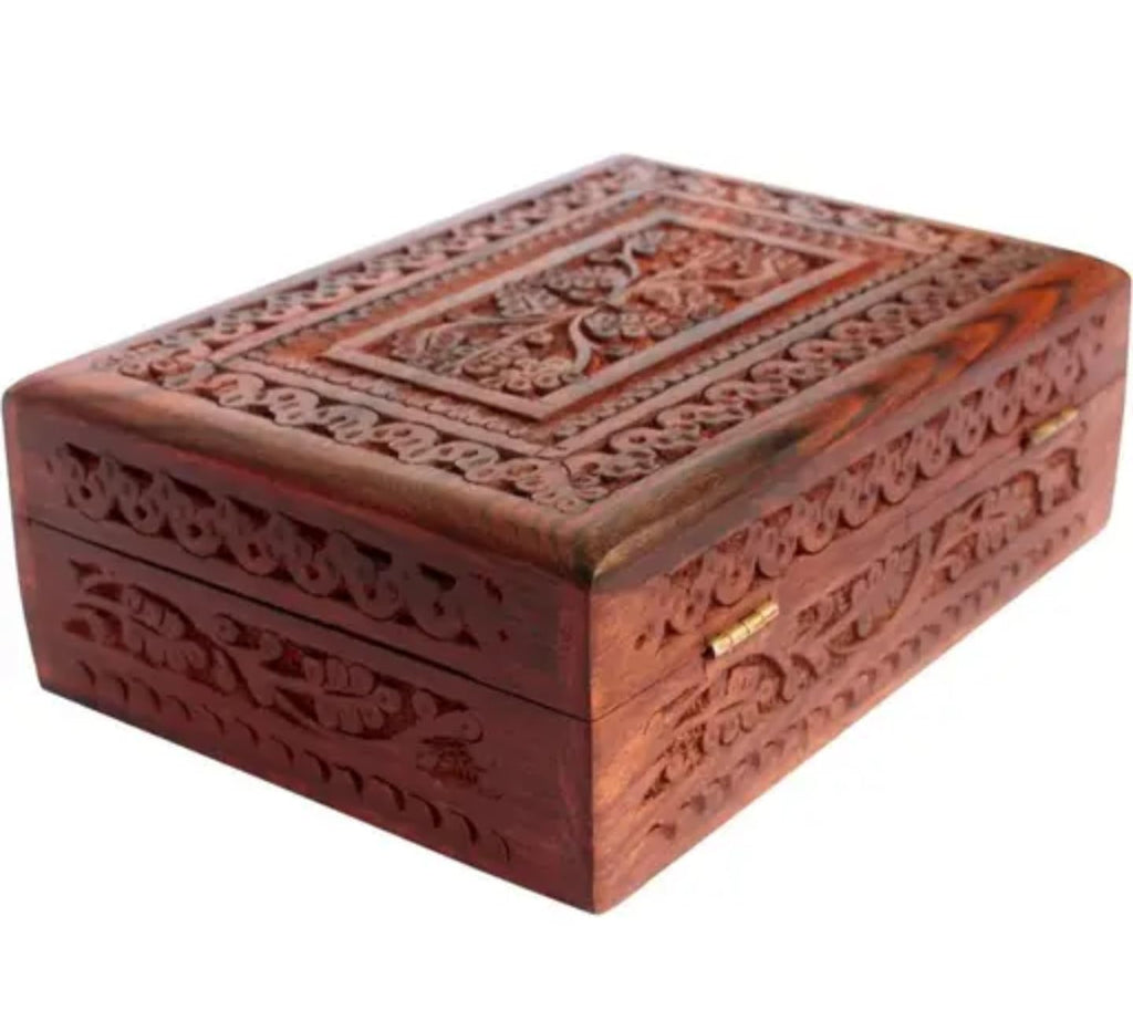 Handcrafted Wooden Jewelry Box, Brown, Decorative Carved Design, Traditional Storage Case with Intricate Floral Pattern