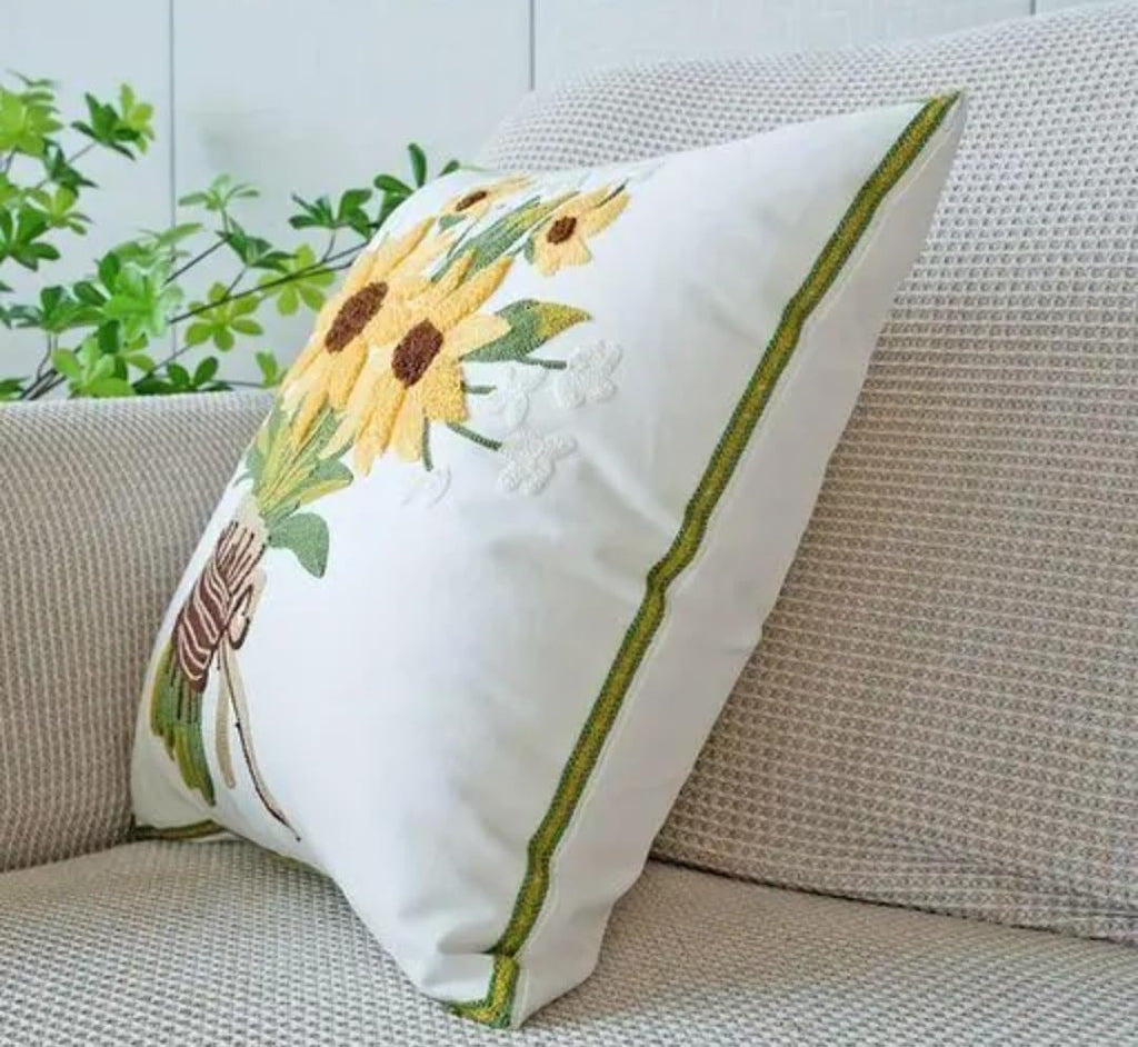 Sunflower Bouquet Embroidered Throw Pillow Cover, White, Floral Design, Square Cushion Case
