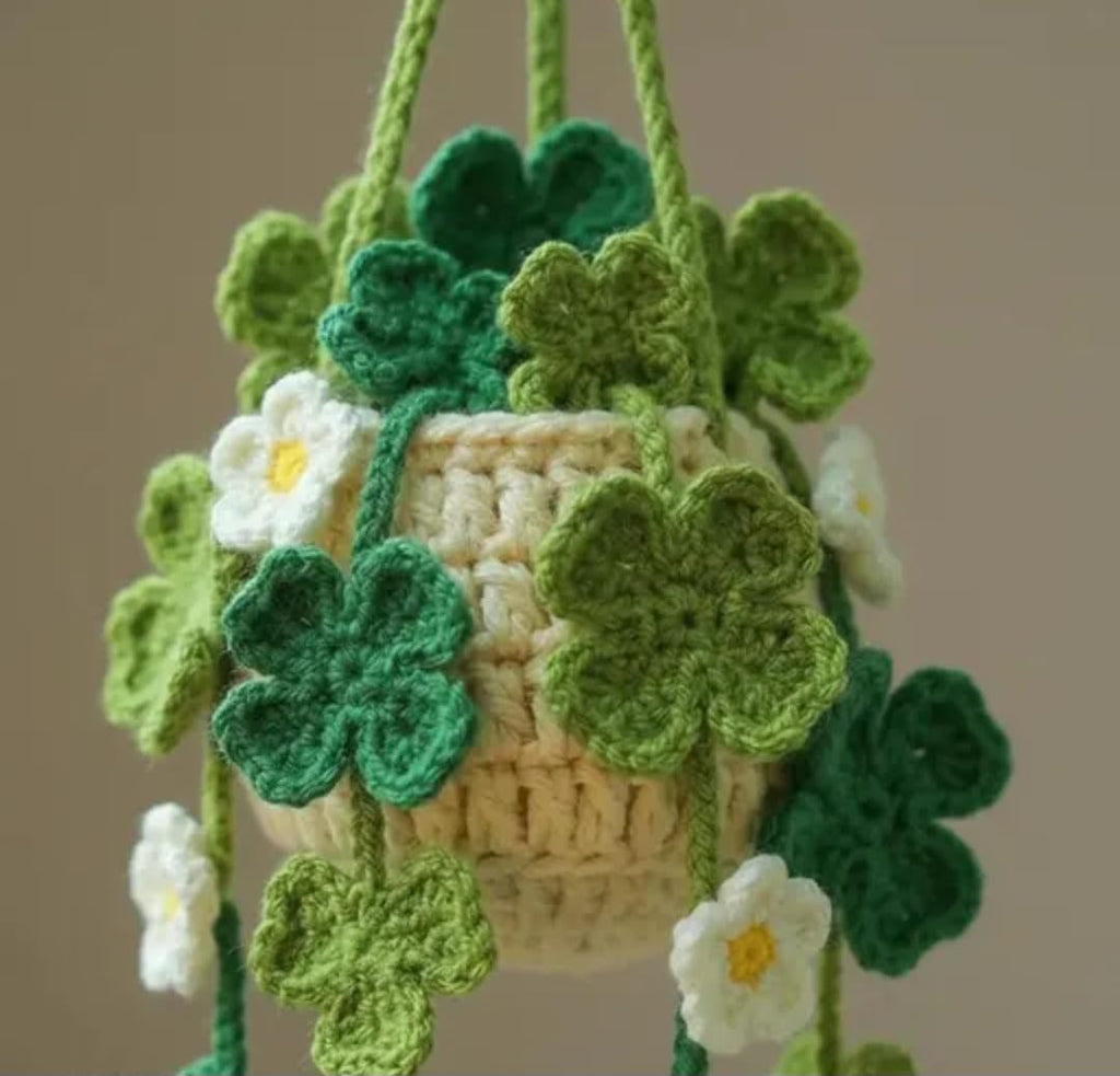 Crochet Hanging Basket Planter, Green Clover and White Flower Design, Handmade Knit Home Decor