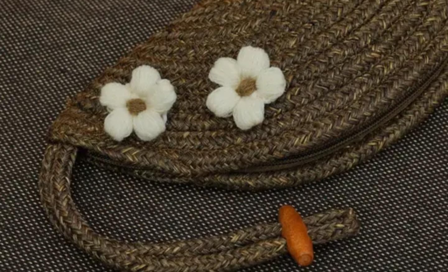 Handwoven Straw Clutch Purse with White Floral Accents, Brown, Half-Moon Design