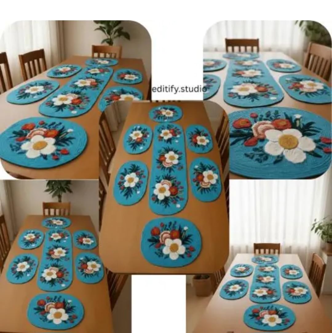 Turquoise Placemats with Floral Design, Round Table Mats, White Daisy Pattern, Set of 8