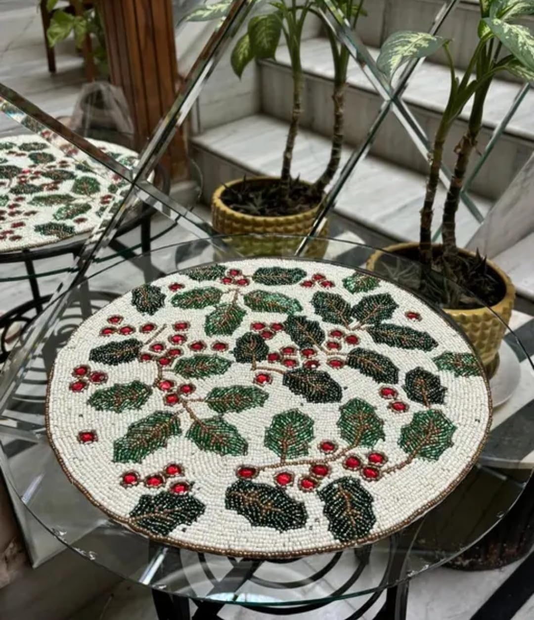 Beaded Placemats, Round, Holly Berry Design, White with Green Leaves and Red Berries
