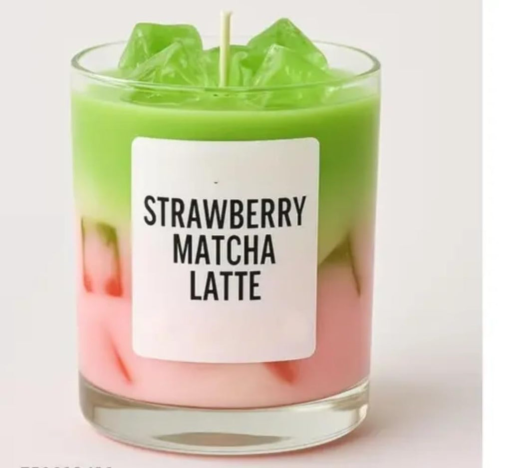 Strawberry Matcha Latte Candle, Green and Pink Layered Wax, Glass Jar, Novelty Drink-Inspired