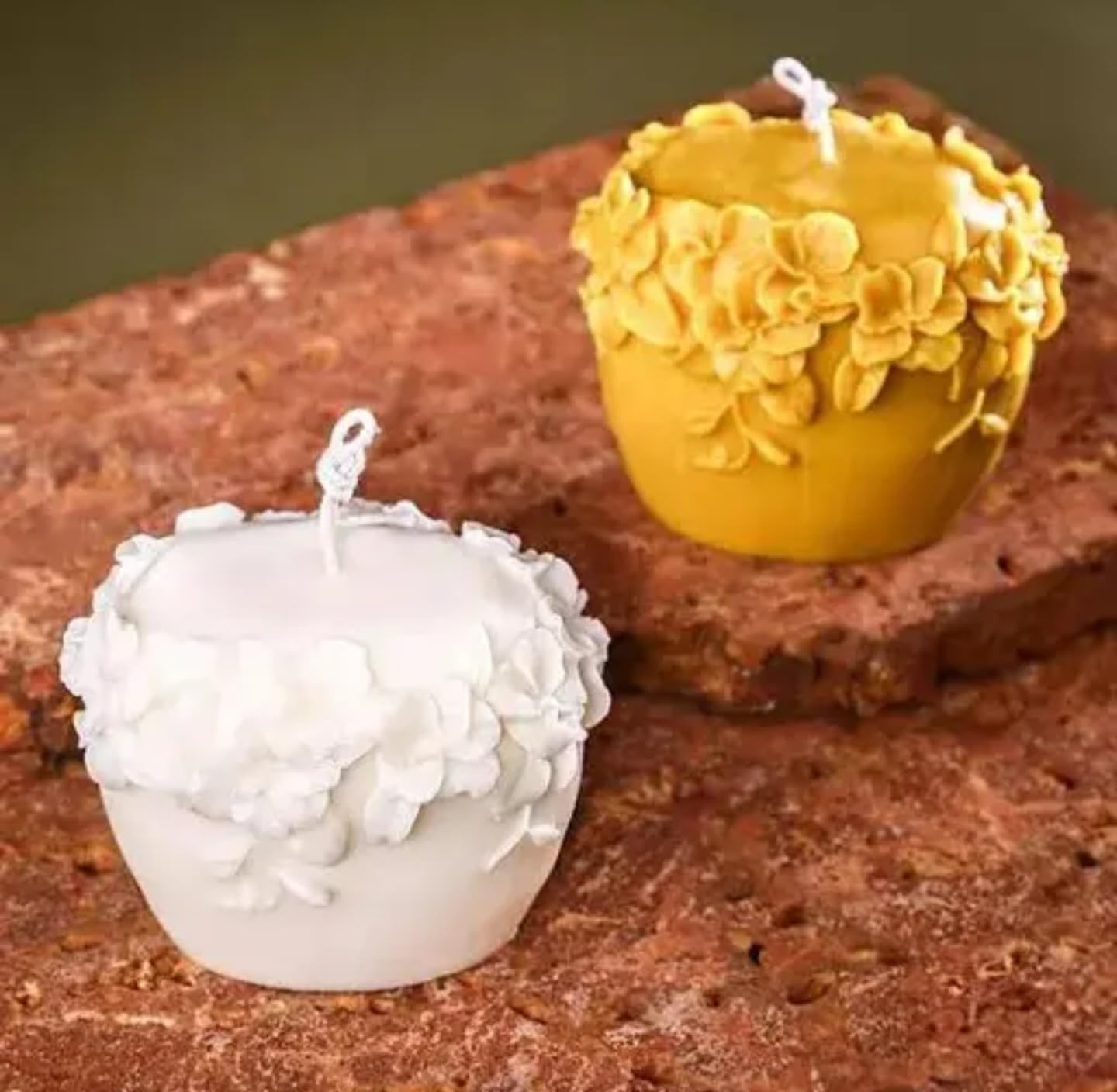 Handcrafted Decorative Floral Candles, White and Yellow, Wax, Round, Textured Petal Design, Set of 2