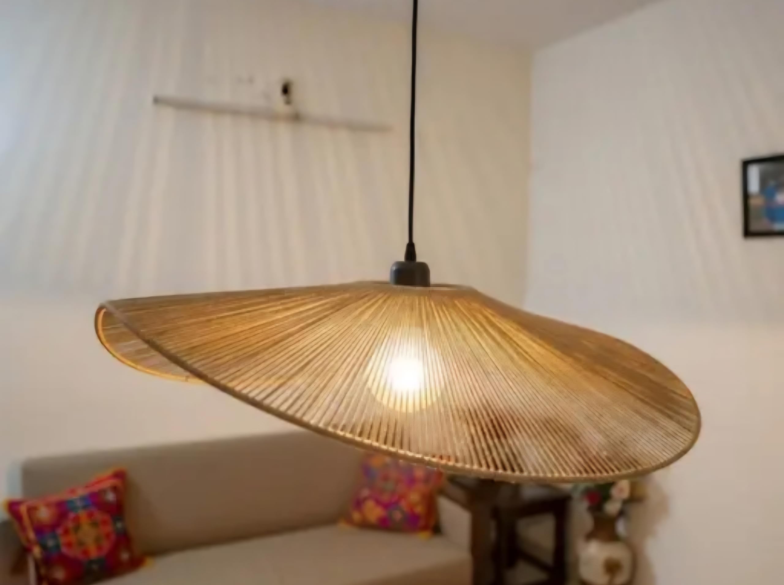 Bamboo Pendant Light, Natural, Handwoven Rattan Shade, Asian Hat Design, Hanging Ceiling Fixture
