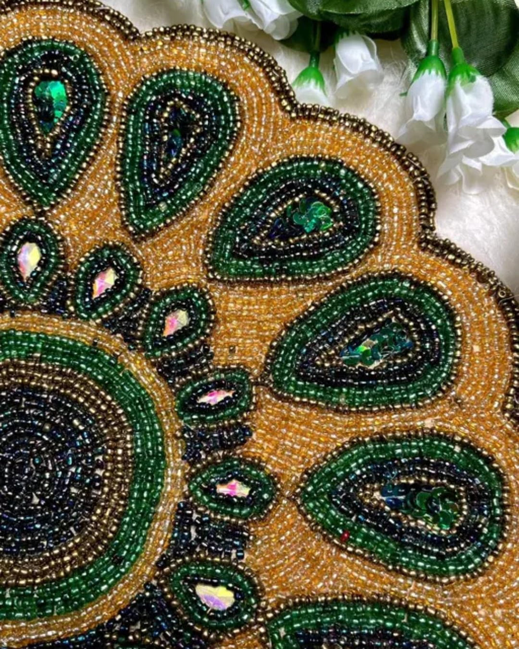 Handcrafted Beaded Placemat, Round Mandala Design, Green and Gold, Decorative Table Mat