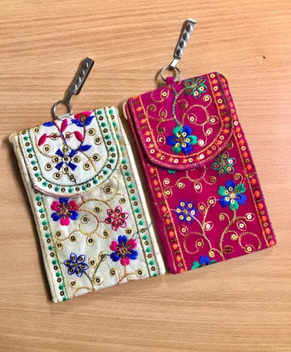 Embroidered Floral Mobile Pouch, Boho Indian Style, Multicolor, with Clip Hook, Set of 2