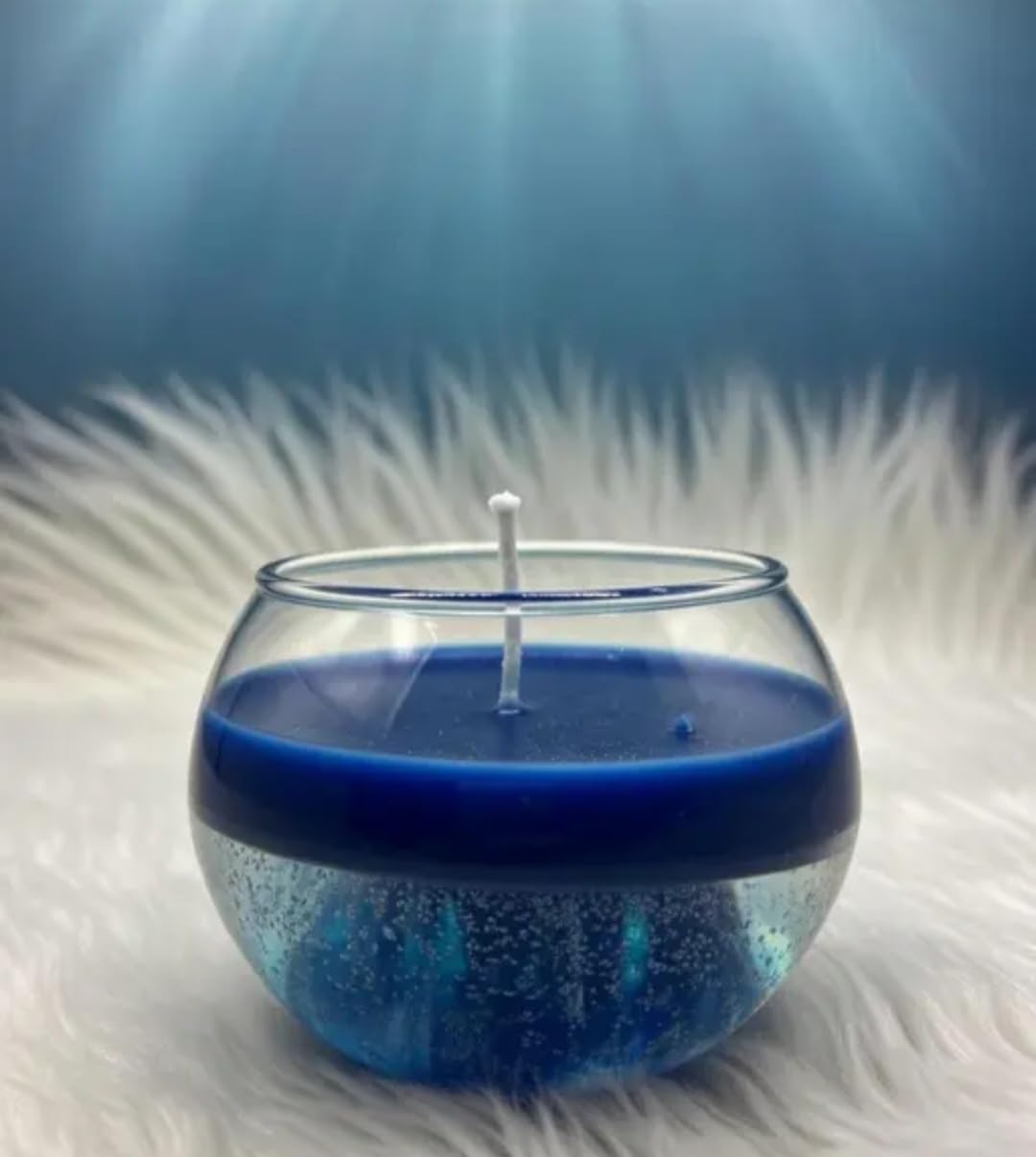 Blue Wax Candle in Round Clear Glass Bowl, Single Wick, Decorative Home Accent