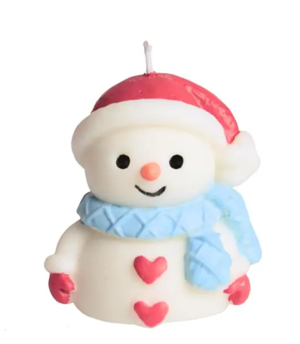 Decorative Snowman Candle with Santa Hat, Blue Scarf, Heart Design, White