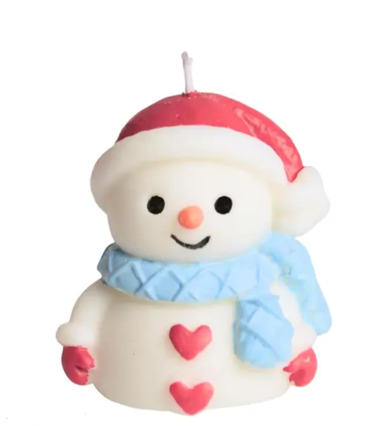Decorative Snowman Candle with Santa Hat, Blue Scarf, Heart Design, White