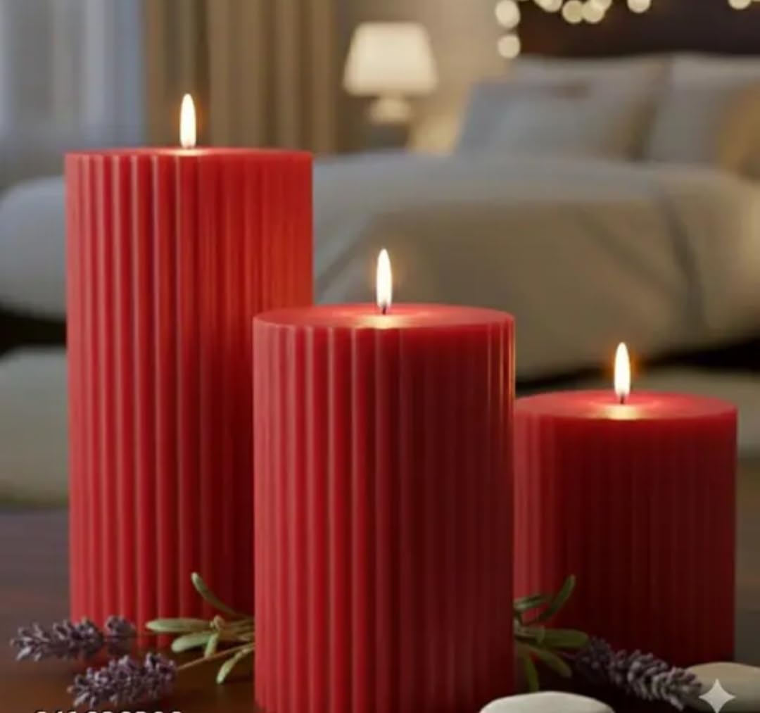 Ribbed Pillar Candles, Red, Set of 3, Decorative Home Decor, Unscented