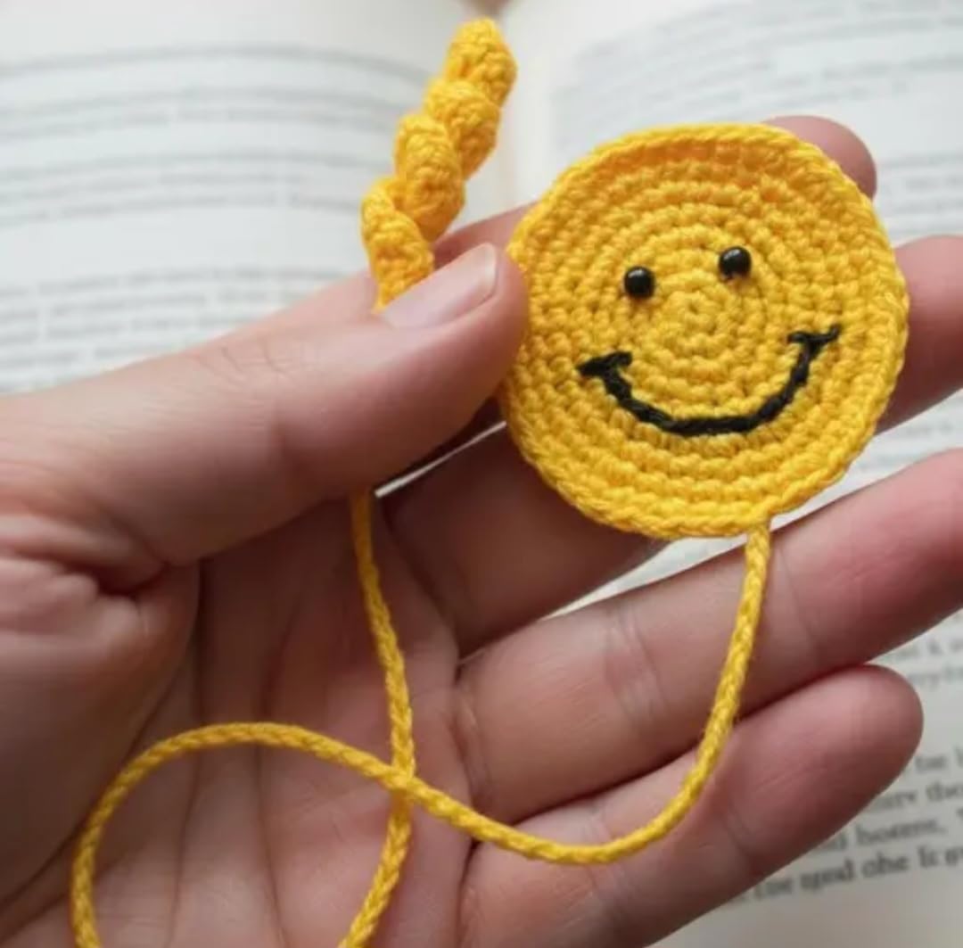 Handmade Crochet Smiley Face Bookmark, Yellow, Knitted, Fun Happy Face Design for Books